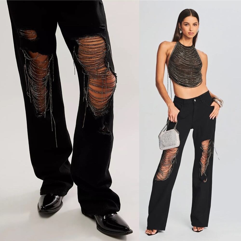 Retrofete Black Cotton Embellished Rhinestone Drape Marlowe Straight Jean 29